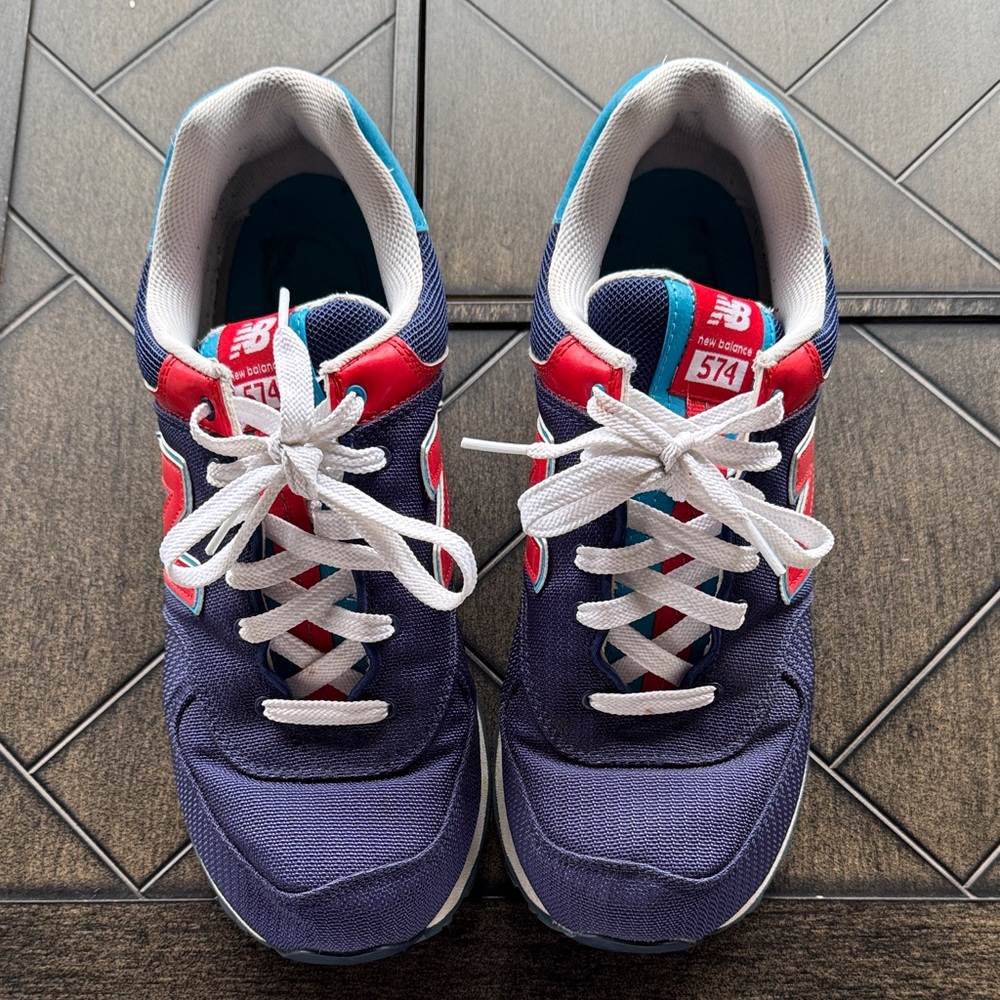 Men’s New Balance 574s Blue and Red Sneakers